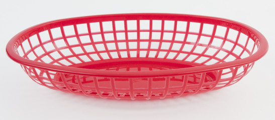Empty red plastic restaurant serving basket in white background