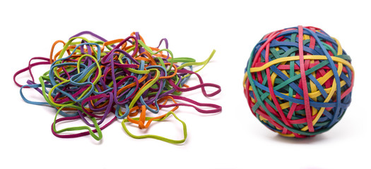 elastic rubber band ball and a unordered pile